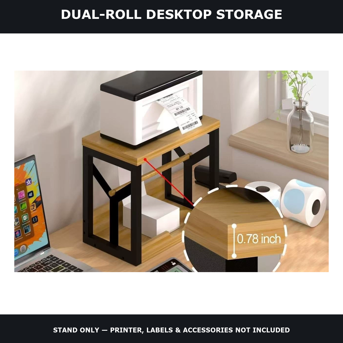 Wood and black metal desktop label printer stand with two roll holder rods and lower shelf