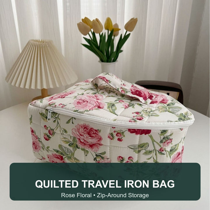 Rose-floral quilted travel iron storage bag with zip-around closure