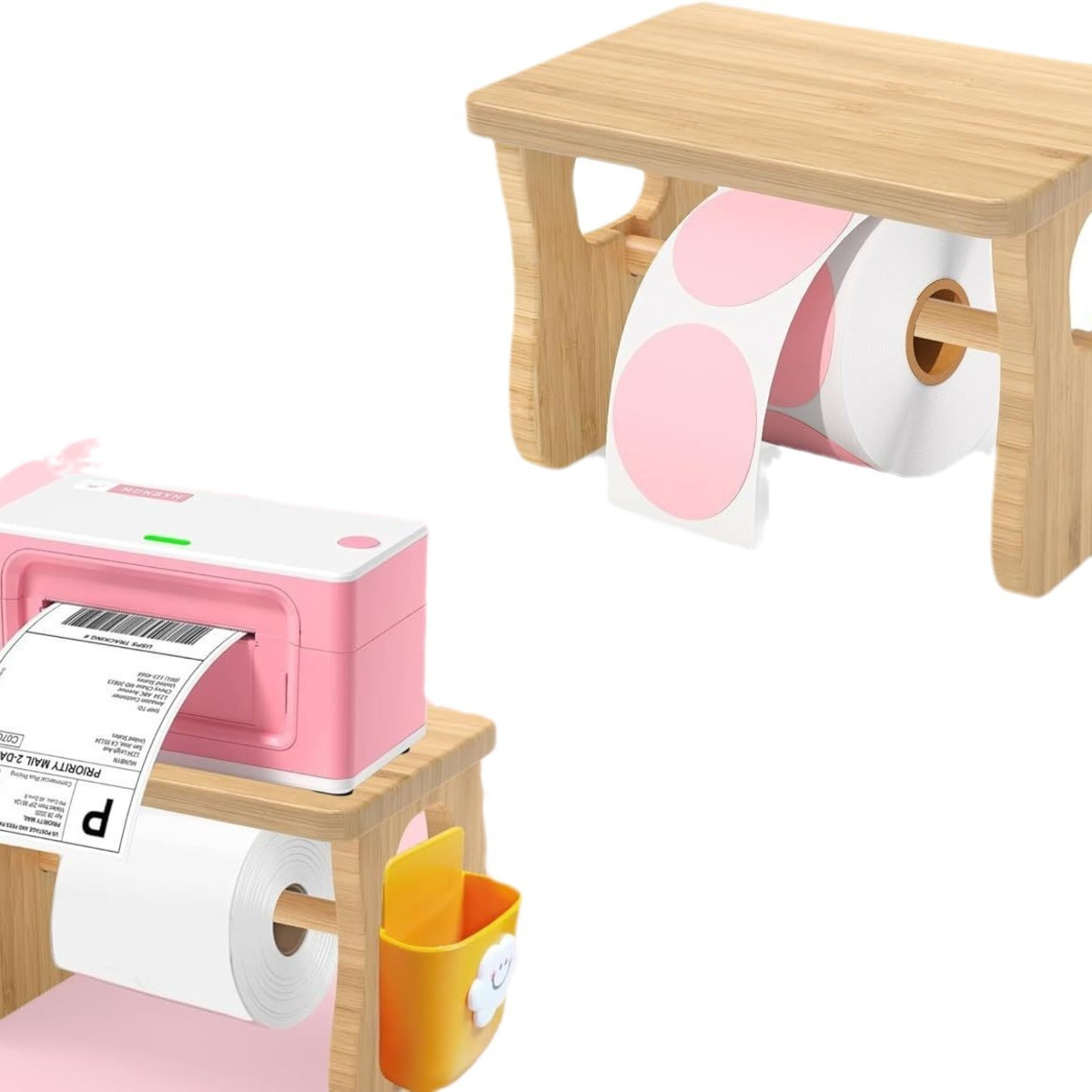 Compact wood desktop printer stand holding roll labels and a label printer, accessories not included