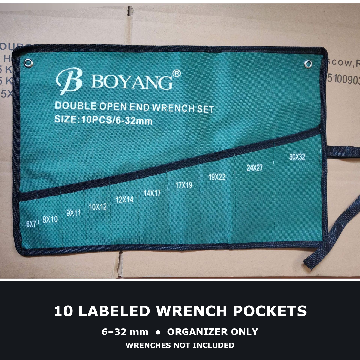 BOYANG teal wrench organizer with ten labeled pockets from 6 to 32 millimeters, tools not included