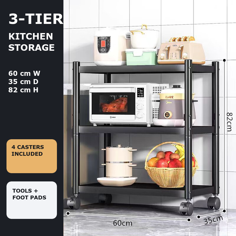 UOEN three-tier carbon steel kitchen rack measuring 60 by 35 by 82 centimeters with casters
