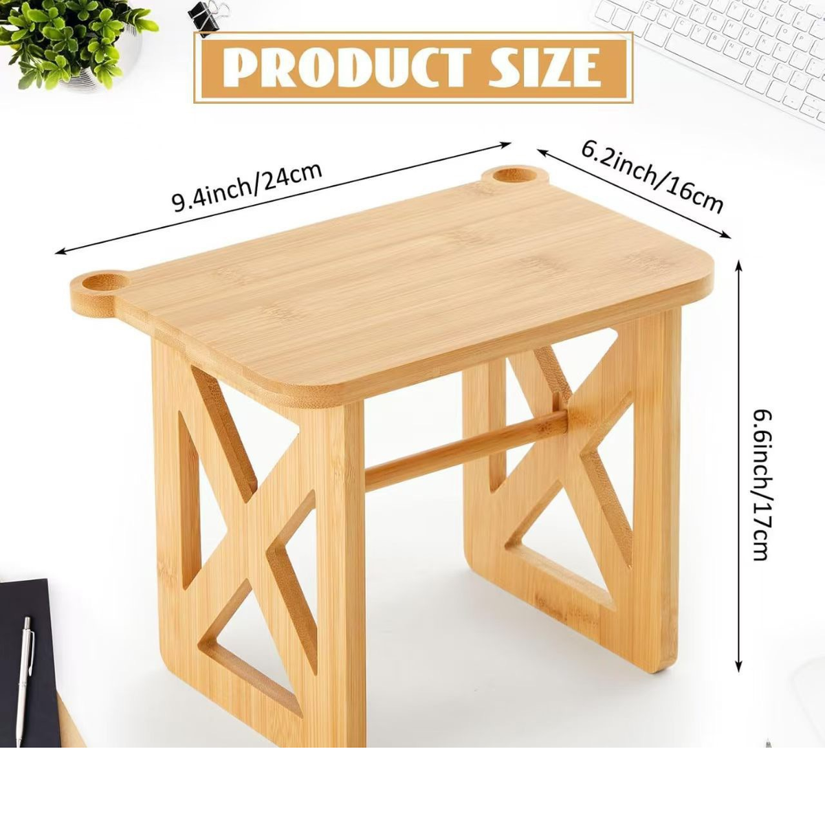 Bamboo desktop printer riser shown with 9.4 by 6.2 by 6.6 inch dimensions