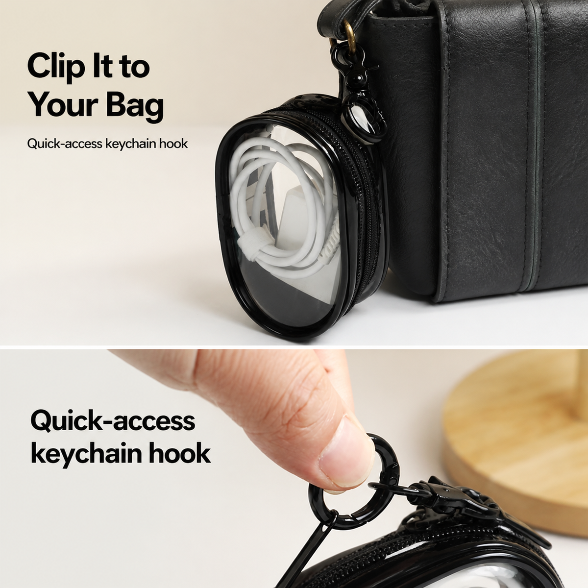 Clear Mini Tech Organizer Pouch with Key Clip, Black - image 2