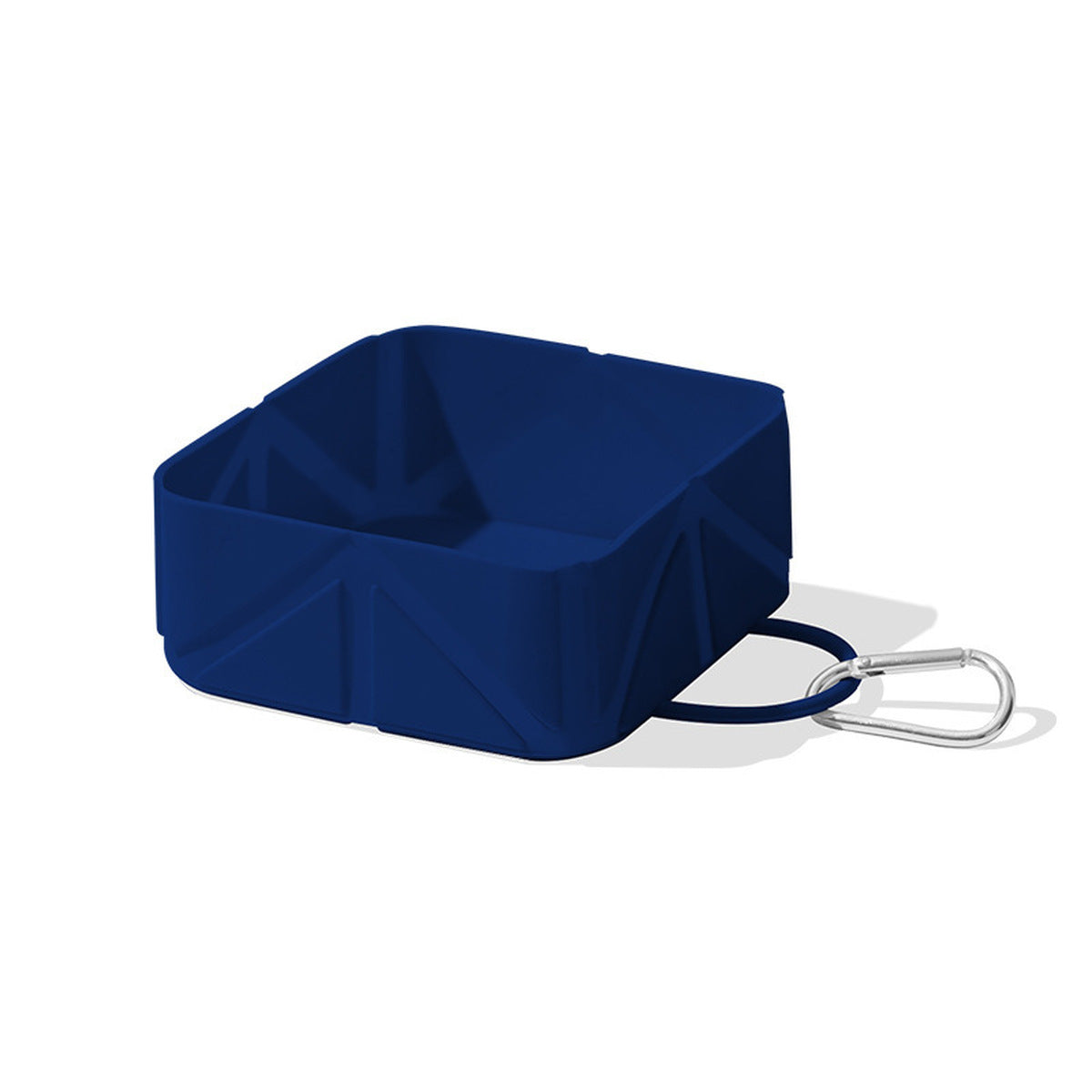Navy collapsible silicone pet travel bowl with carabiner