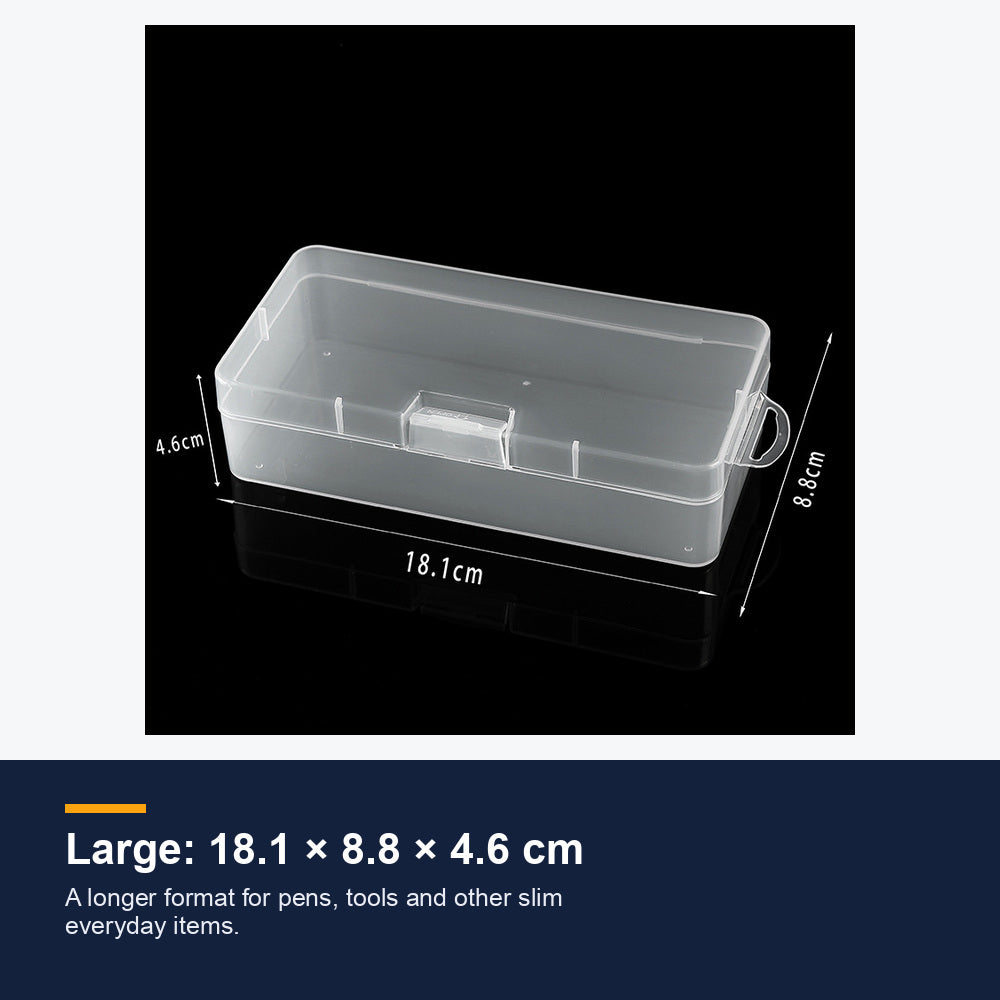 Large transparent snap box measuring 18.1 by 8.8 by 4.6 centimeters