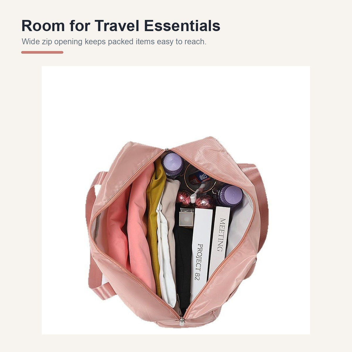Pink medium travel duffel opened to show packing space