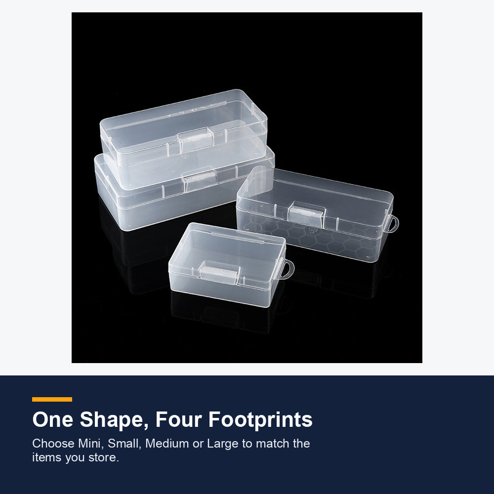 Mini, small, medium and large transparent storage boxes compared