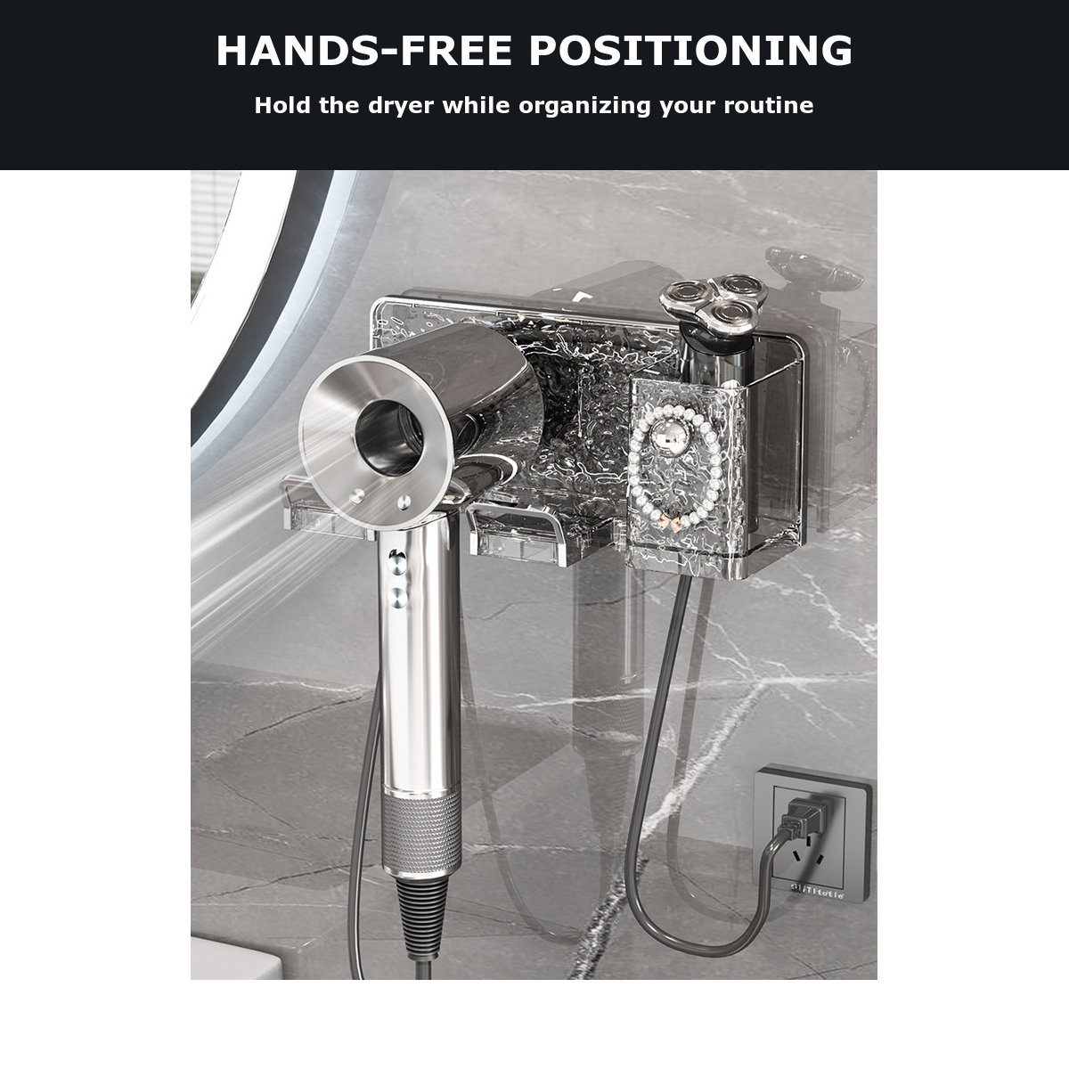 No-Drill Wall-Mounted Hair Dryer Organizer, Transparent Smoke - image 4