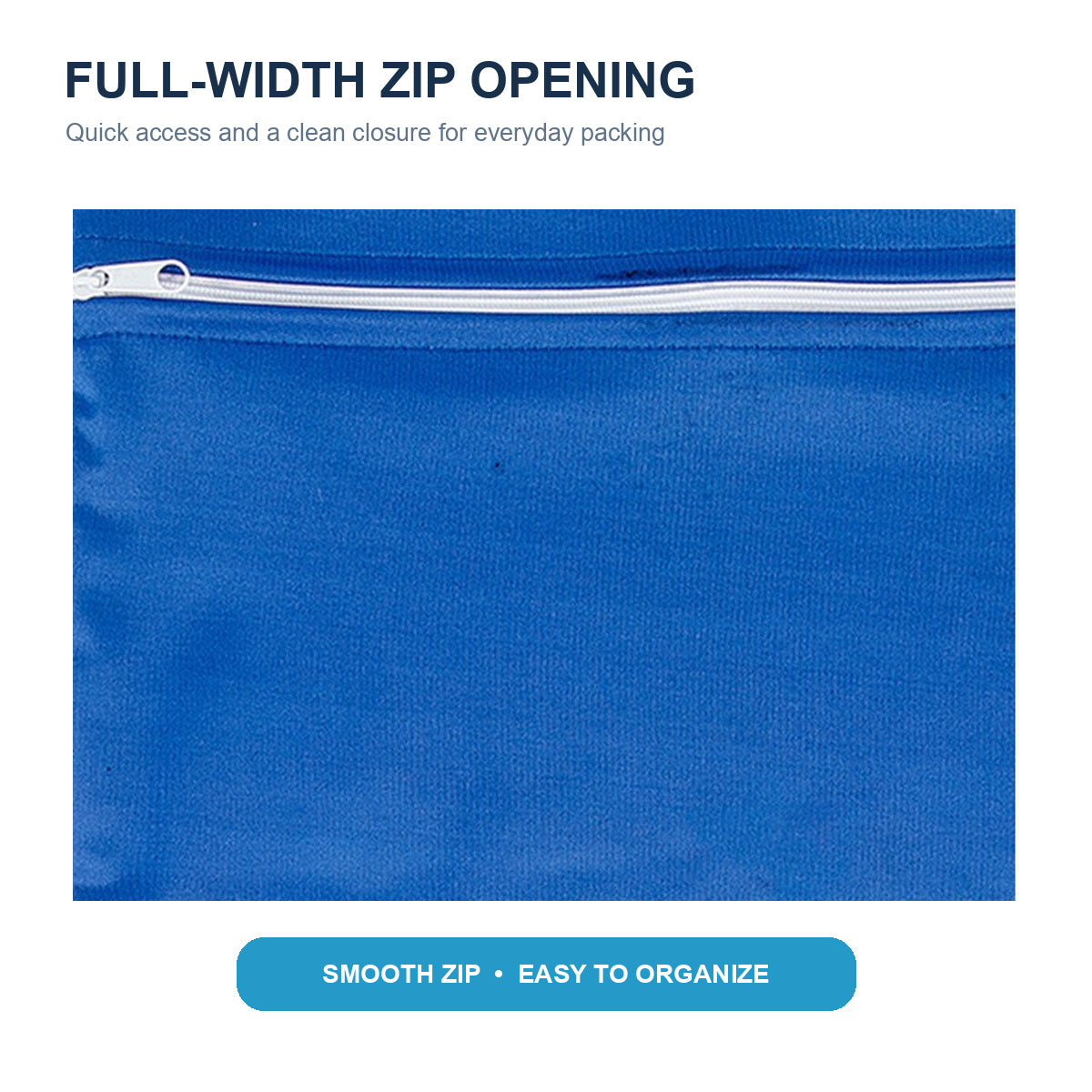 Full-width zipper detail on the navy wet bag