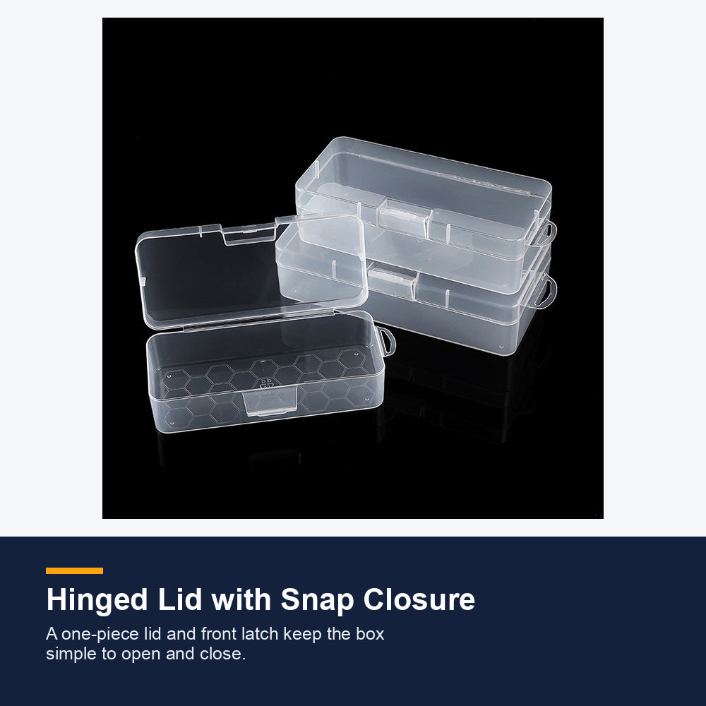 Transparent storage boxes shown open and closed