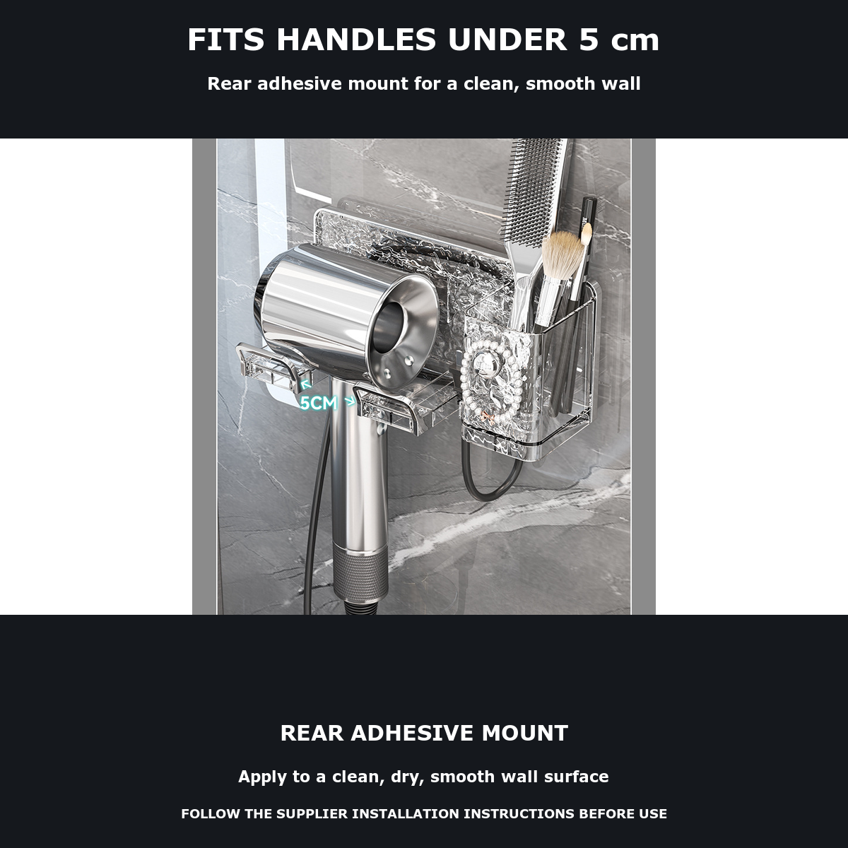 No-Drill Wall-Mounted Hair Dryer Organizer, Transparent Smoke - image 5