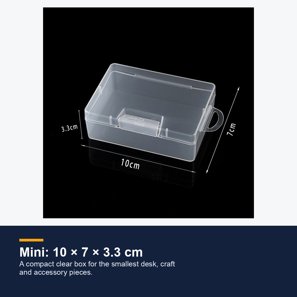 Mini transparent snap box measuring 10 by 7 by 3.3 centimeters