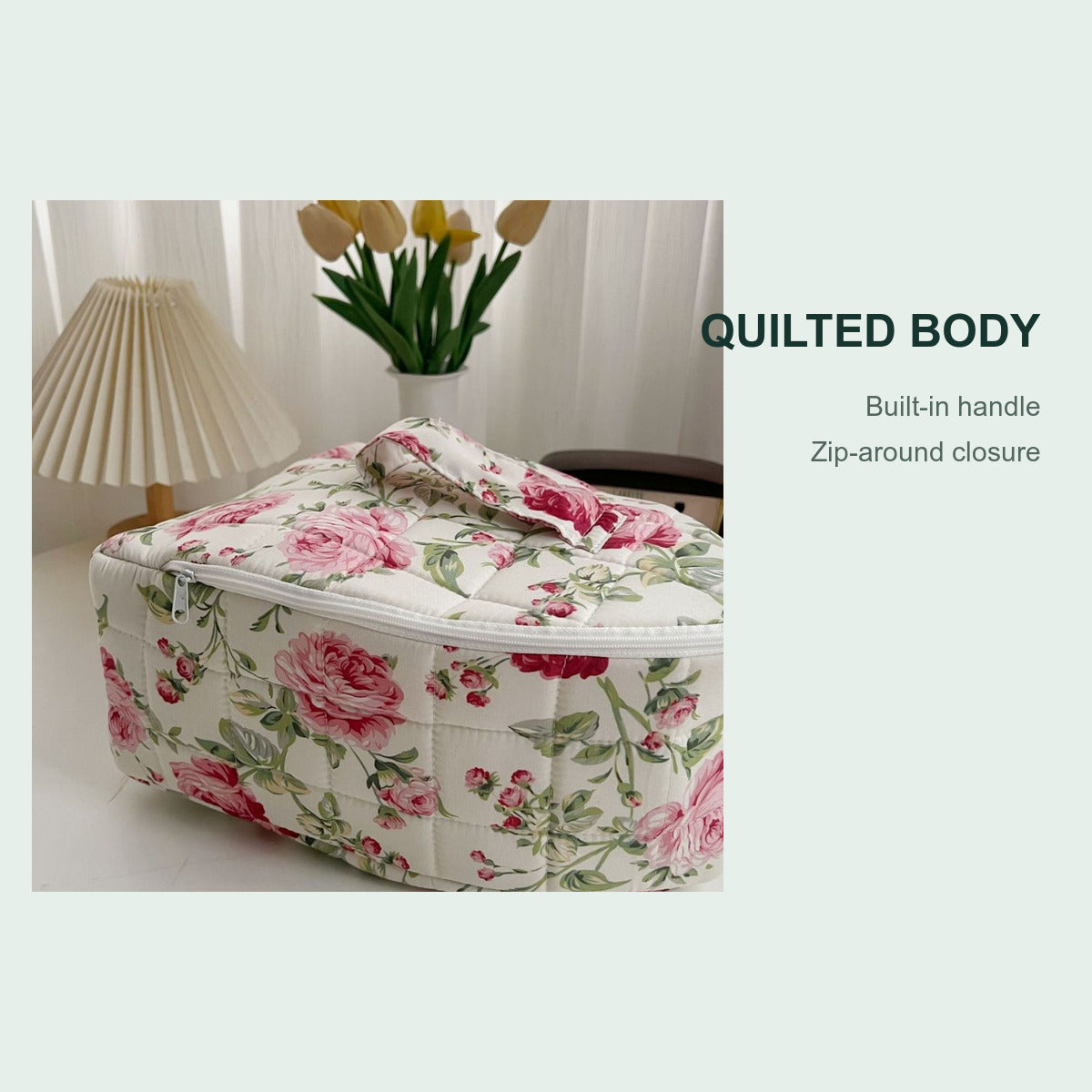 Quilted body and zip-around closure detail