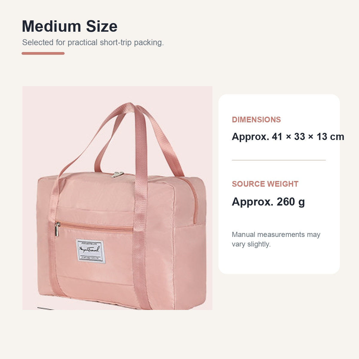 Medium pink travel duffel approximately 41 by 33 by 13 centimeters