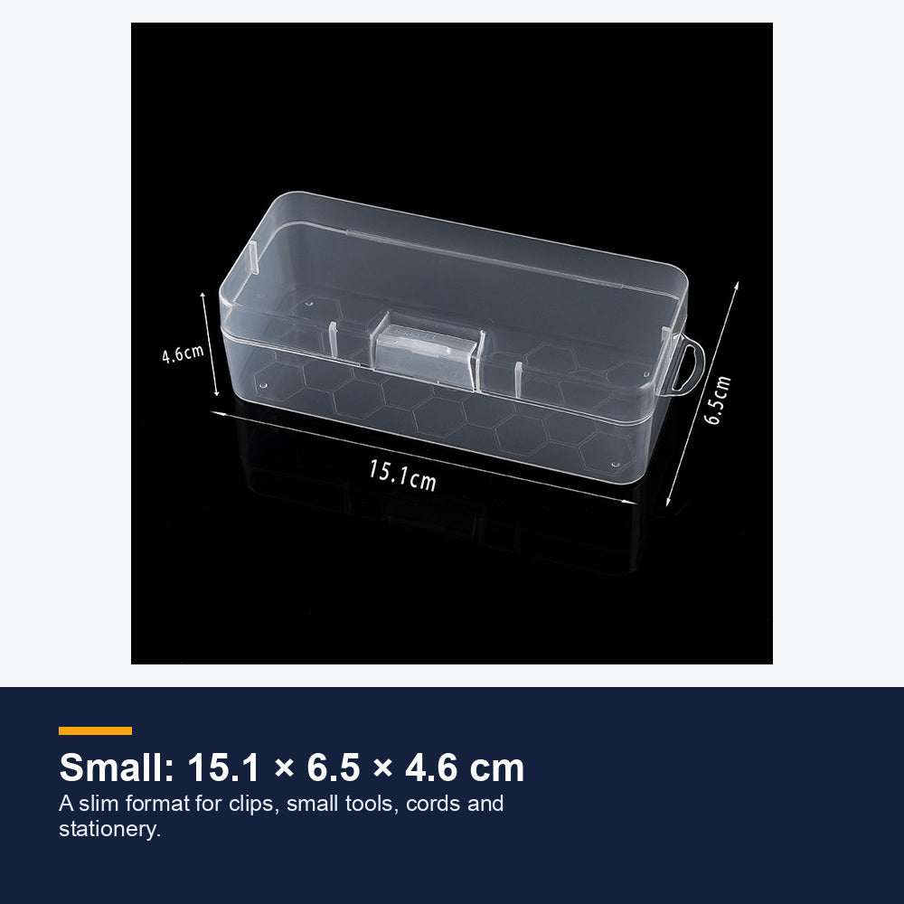Small transparent snap box measuring 15.1 by 6.5 by 4.6 centimeters