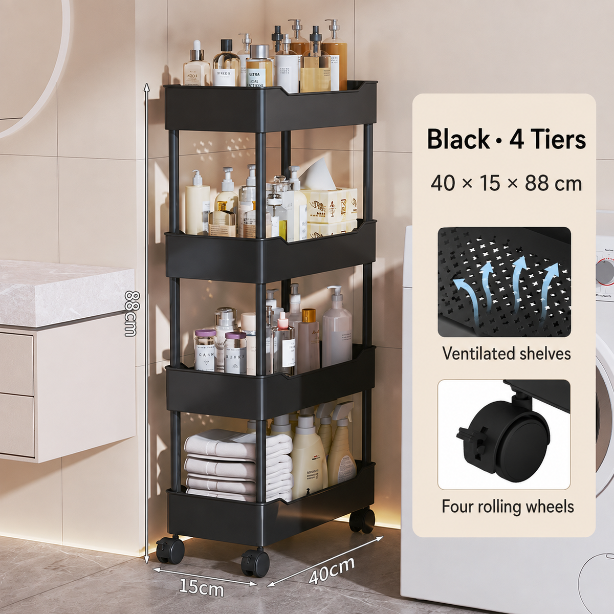 Slim 4-Tier Rolling Storage Cart, 15 cm - image 7