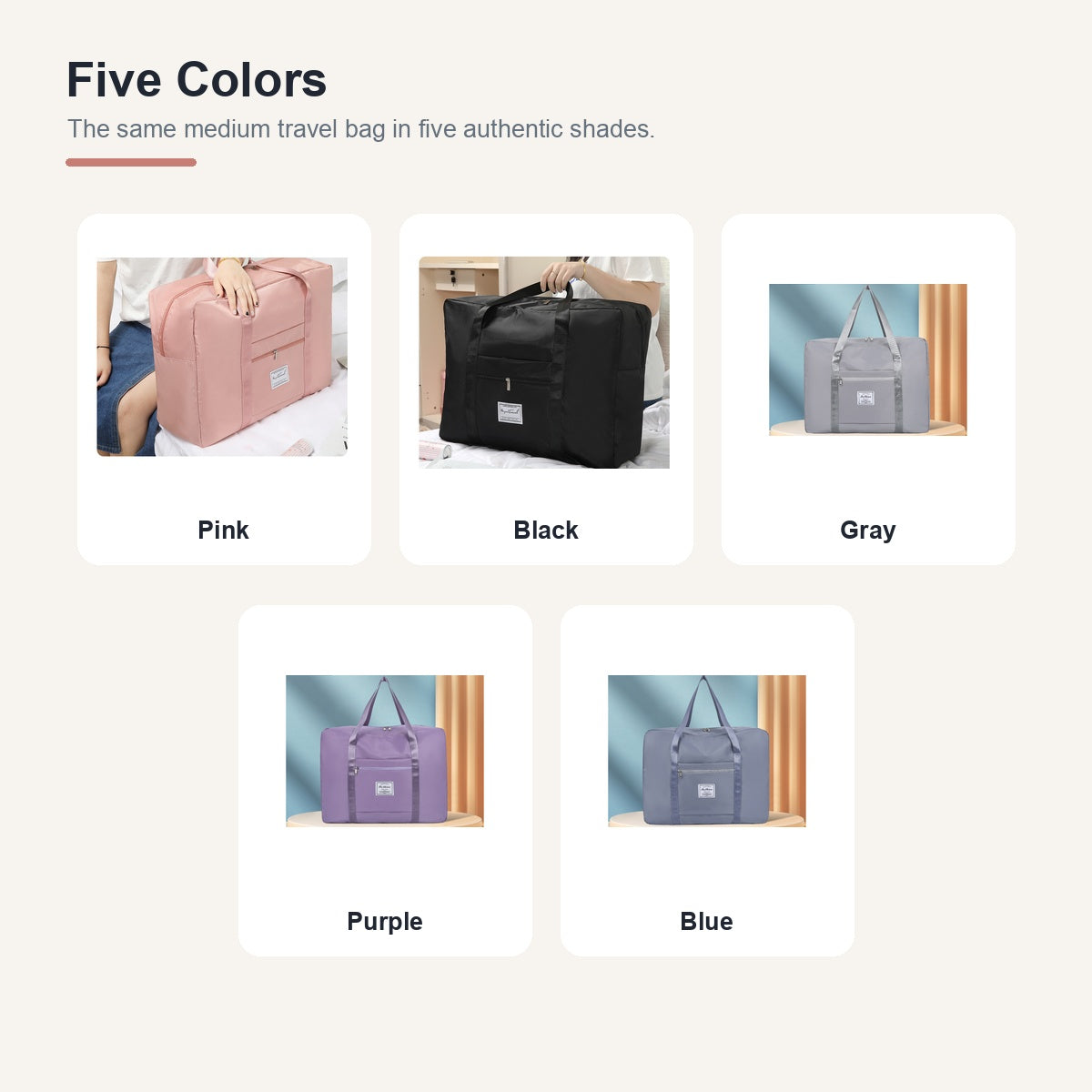 Medium foldable travel duffel in pink, black, gray, purple and blue