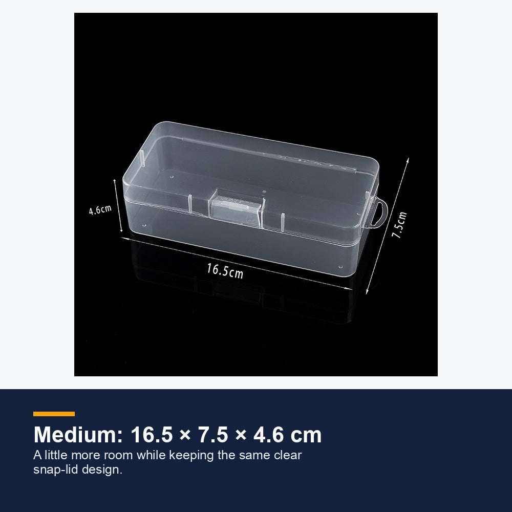 Medium transparent snap box measuring 16.5 by 7.5 by 4.6 centimeters
