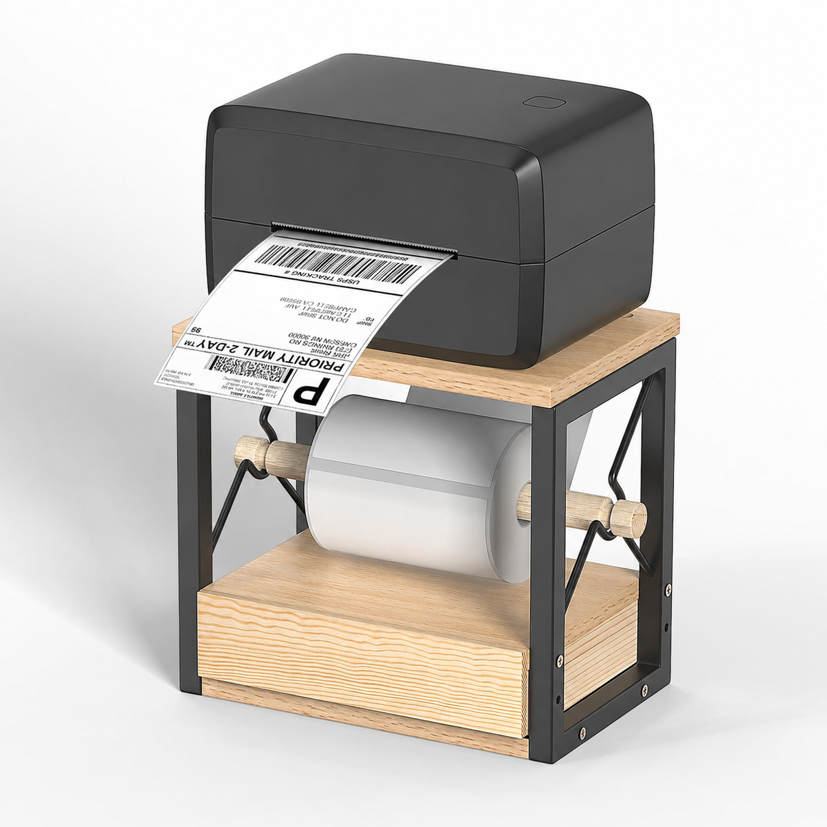 Two-tier wood and black metal label printer stand with dual roll holder
