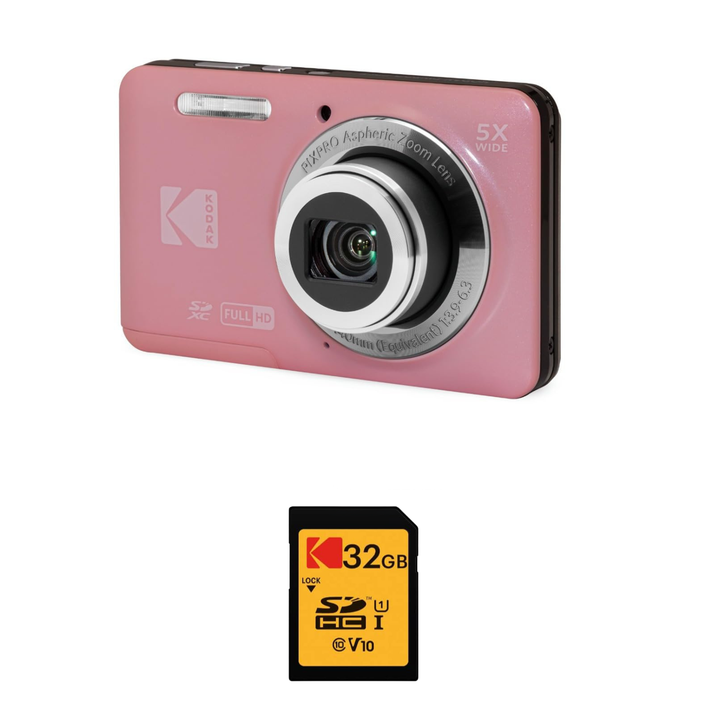 KODAK PIXPRO FZ55 Digital Camera, Pink, 32GB SD Card Bundle