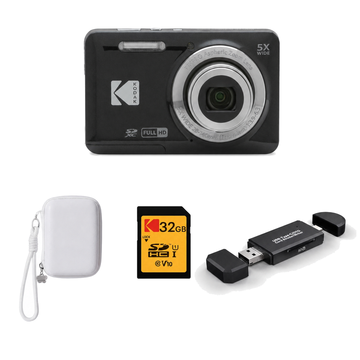KODAK PIXPRO FZ55 Digital Camera, Black, Ivory Strap Carry Case, 32GB SD Card, 3-in-1 Card Reader Bundle - image 1