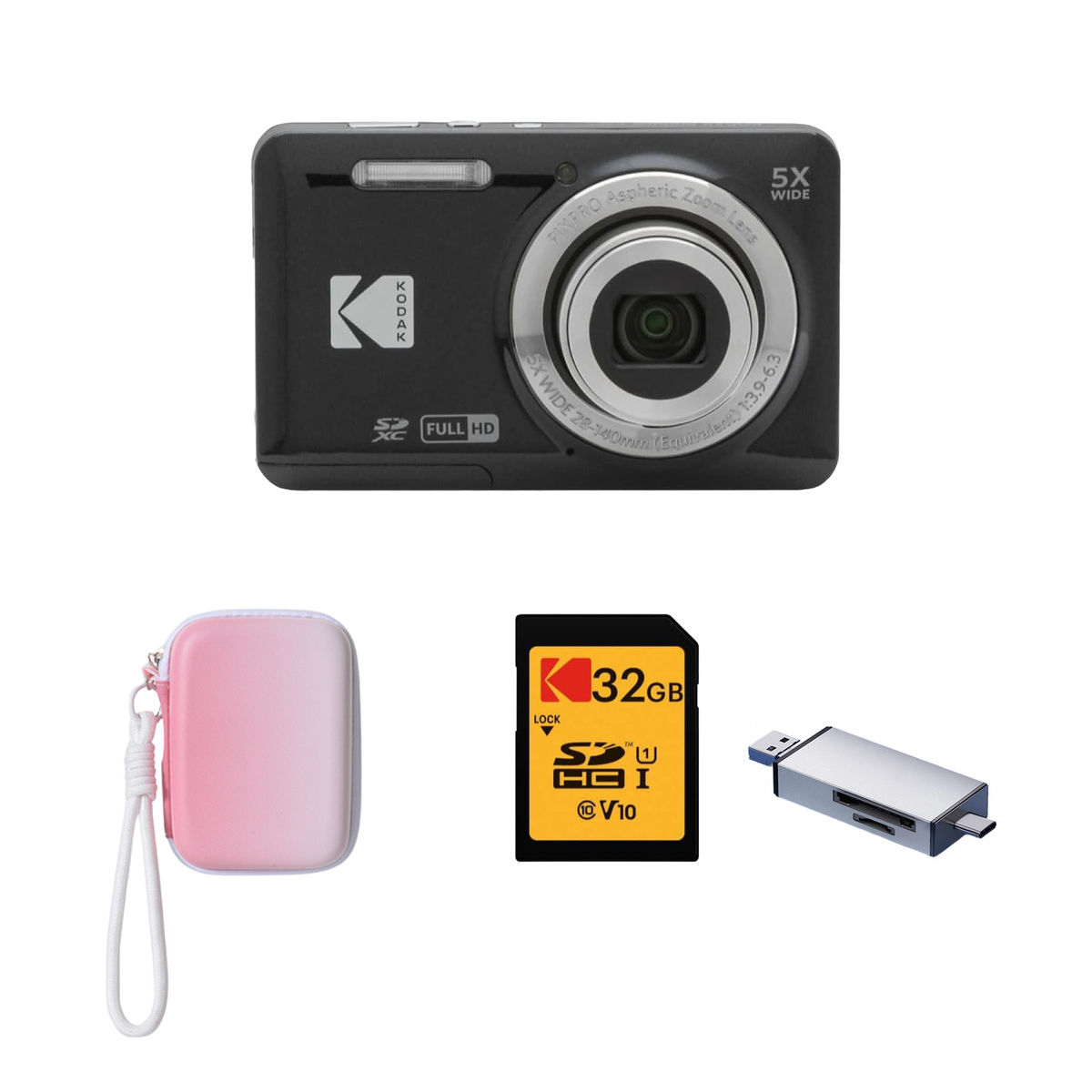 KODAK PIXPRO FZ55 Digital Camera, Black, Gradient Pink Strap Carry Case, 32GB SD Card, Silver Card Reader Bundle - image 1