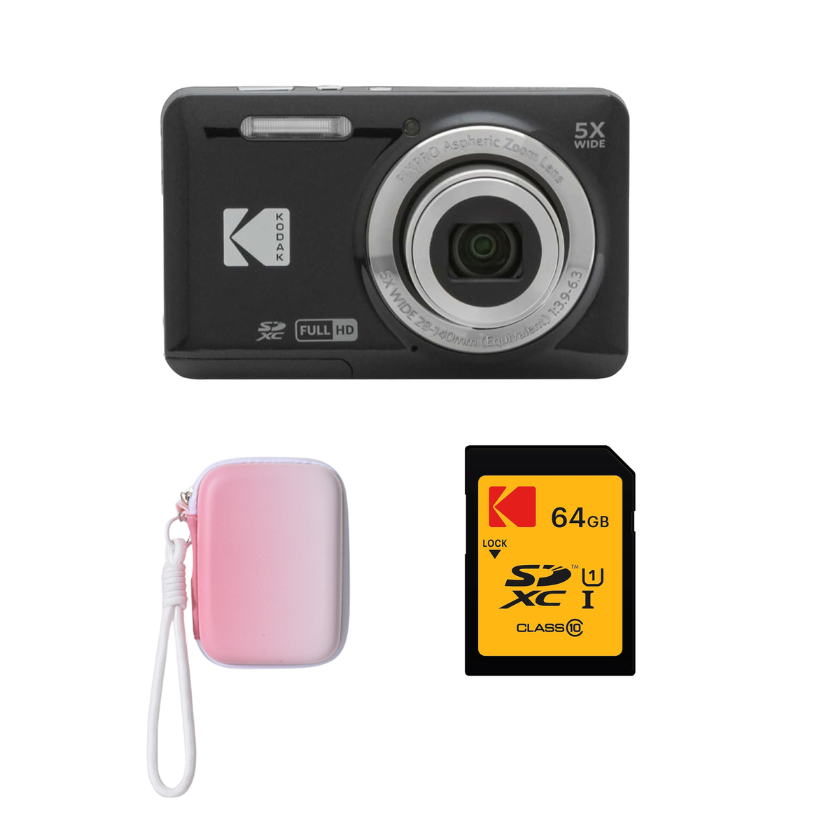KODAK PIXPRO FZ55 Digital Camera, Black, Gradient Pink Strap Carry Case, 64GB SD Card Bundle - image 1
