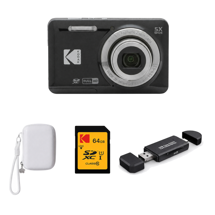 KODAK PIXPRO FZ55 Digital Camera, Black, Ivory Strap Carry Case, 64GB SD Card, 3-in-1 Card Reader Bundle - image 1
