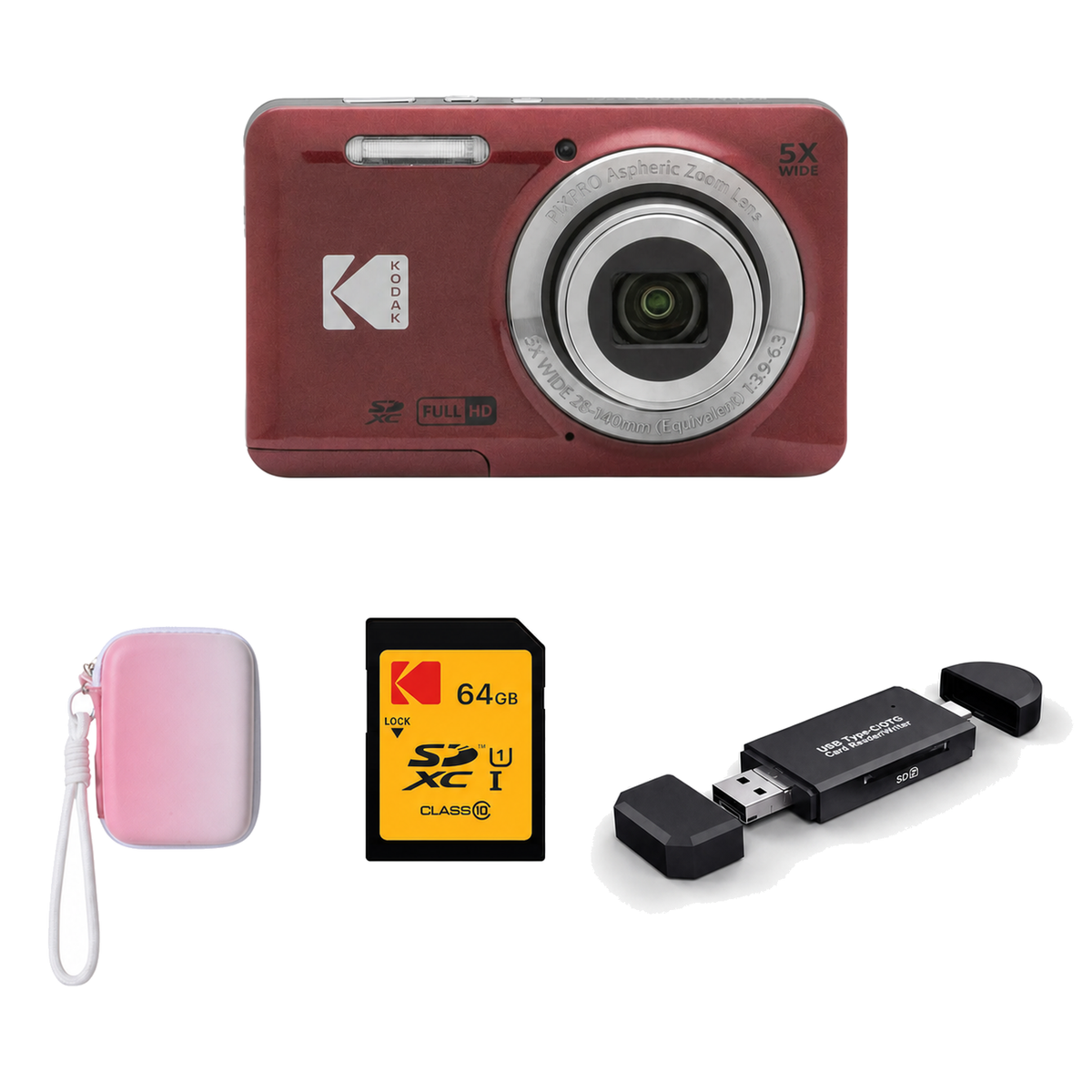 KODAK PIXPRO FZ55 Digital Camera, Red, Gradient Pink Strap Carry Case, 64GB SD Card, 3-in-1 Card Reader Bundle - image 1