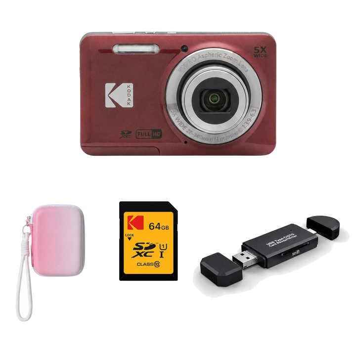 KODAK PIXPRO FZ55 Digital Camera, Red, Gradient Pink Strap Carry Case, 64GB SD Card, 3-in-1 Card Reader Bundle - image 1