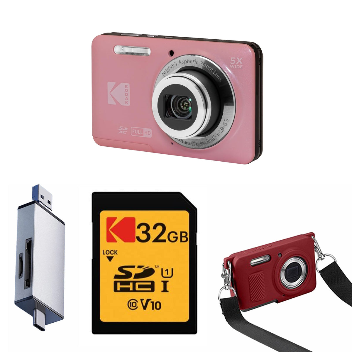 KODAK PIXPRO FZ55 Digital Camera, Pink, 32GB SD Card, Silver Card Reader, Red Strap Silicone Case Bundle — image 1