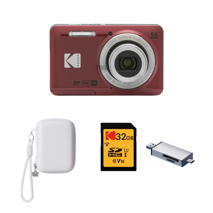 KODAK PIXPRO FZ55 Digital Camera, Red, Ivory Strap Carry Case, 32GB SD Card, Silver Card Reader Bundle - image 1