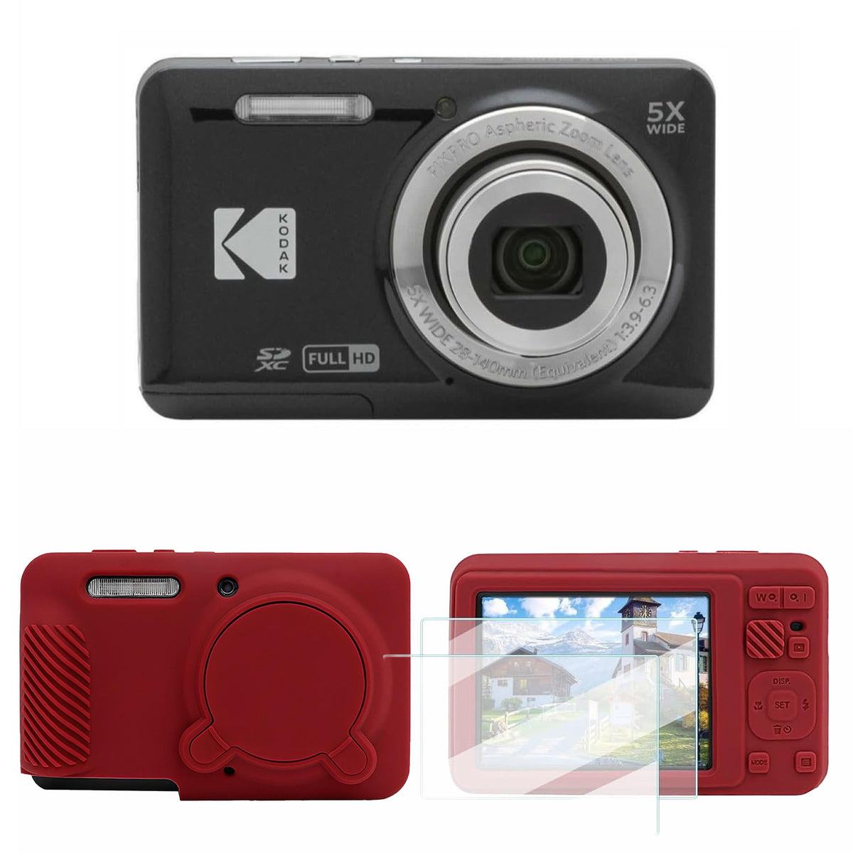 KODAK PIXPRO FZ55 Digital Camera, Black, Red Cat Silicone Case Bundle — image 1