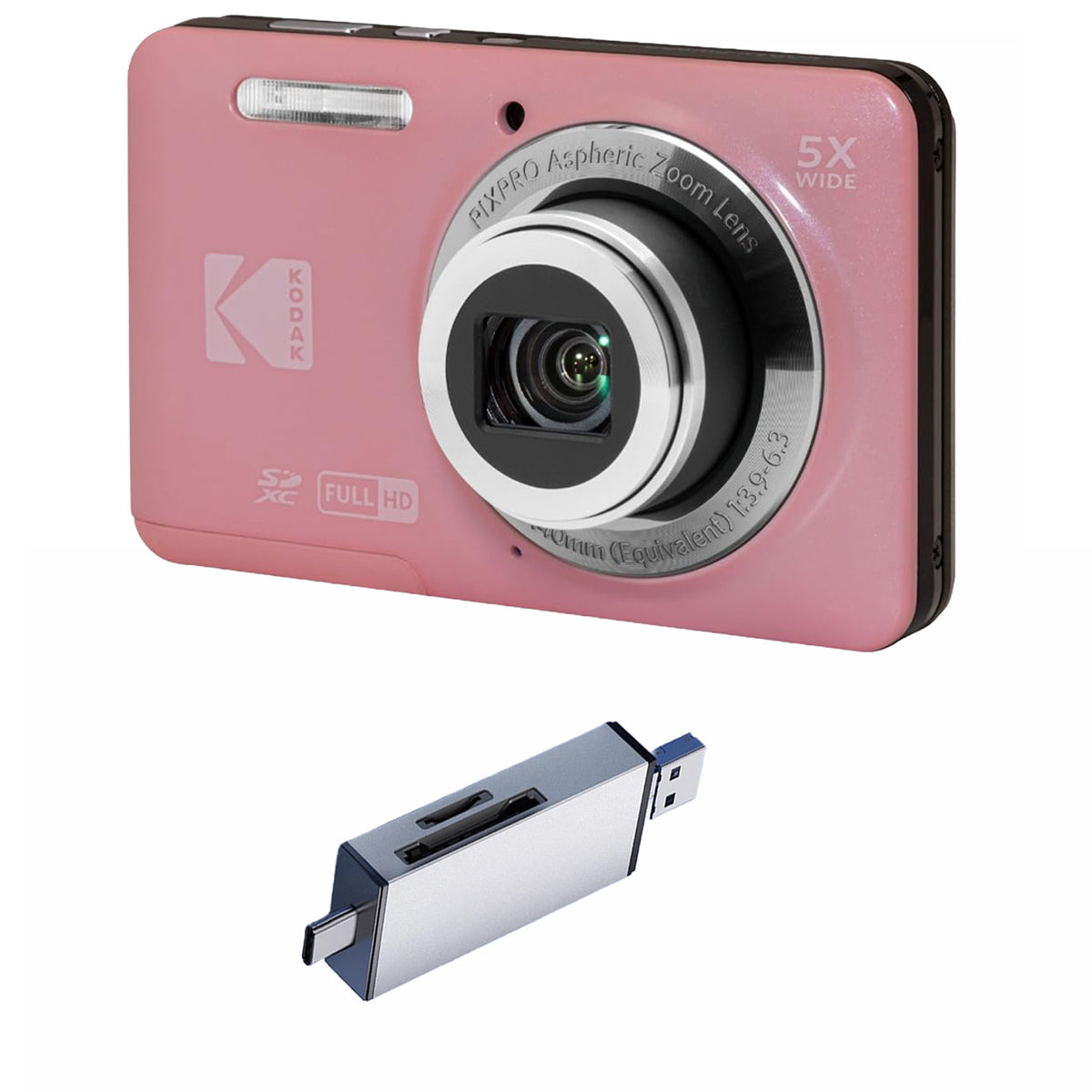 KODAK PIXPRO FZ55 Digital Camera, Pink, Silver Card Reader Bundle — image 1