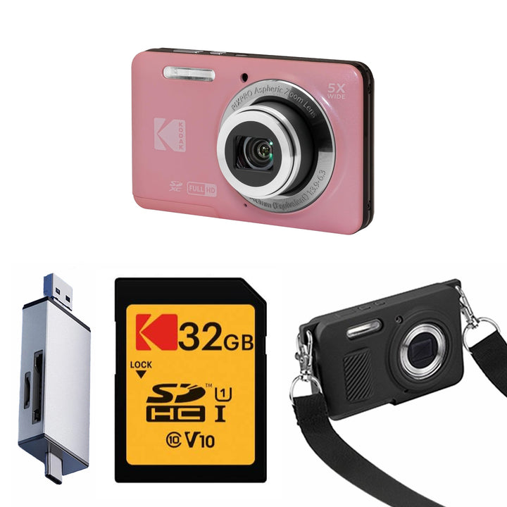 KODAK PIXPRO FZ55 Digital Camera, Pink, 32GB SD Card, Silver Card Reader, Black Strap Silicone Case Bundle