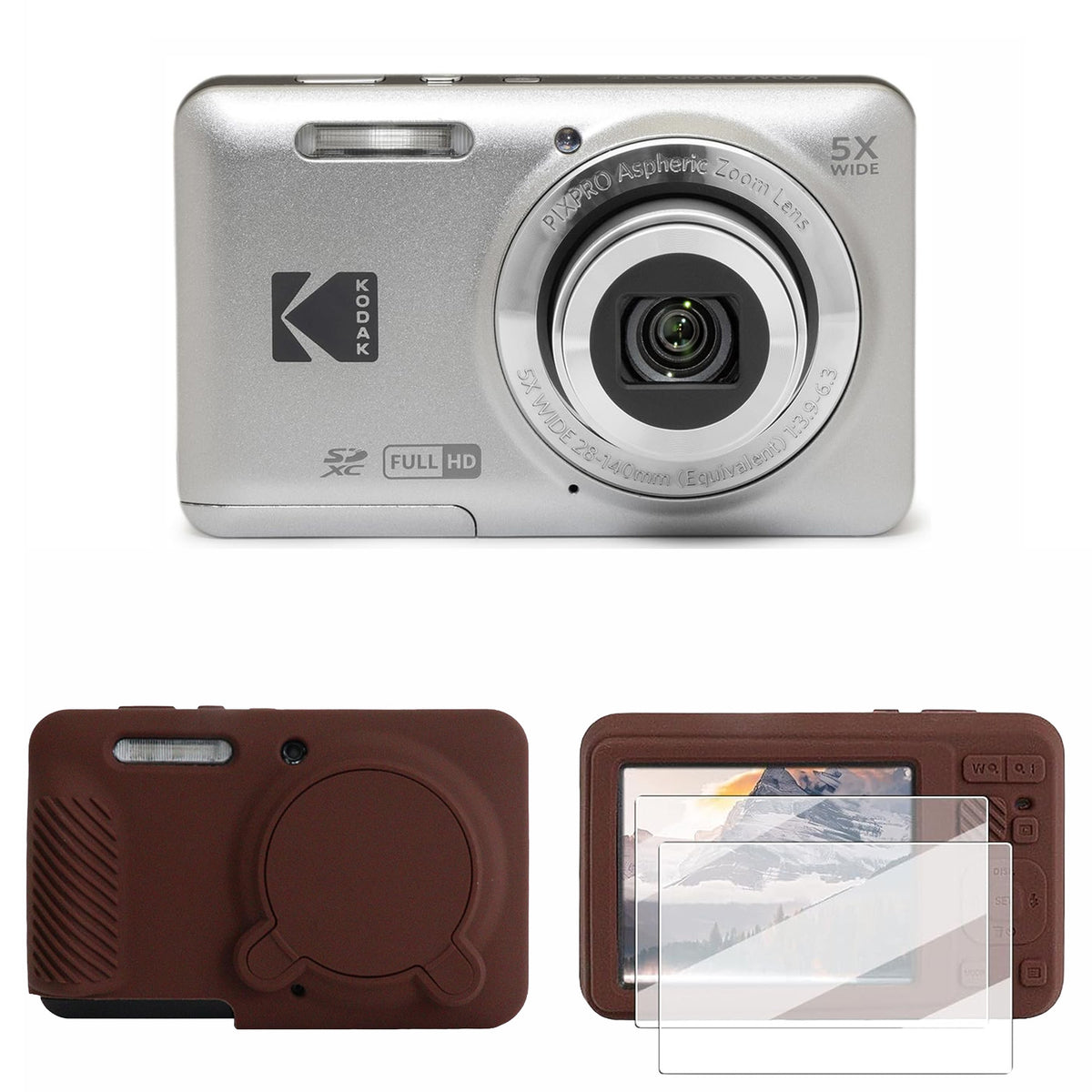KODAK PIXPRO FZ55 Digital Camera, Silver, Brown Cat Silicone Case Bundle — image 1