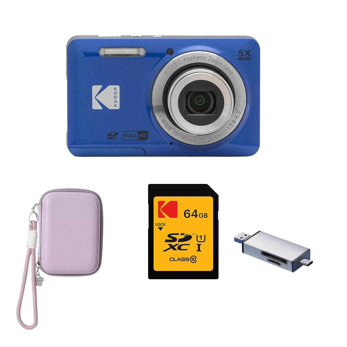 KODAK PIXPRO FZ55 Digital Camera, Blue, Lilac Strap Carry Case, 64GB SD Card, Silver Card Reader Bundle - image 1