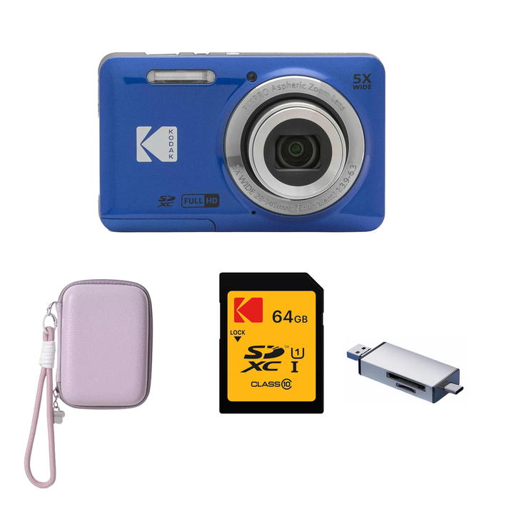 KODAK PIXPRO FZ55 Digital Camera, Blue, Lilac Strap Carry Case, 64GB SD Card, Silver Card Reader Bundle - image 1