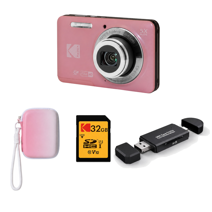 KODAK PIXPRO FZ55 Digital Camera, Pink, Gradient Pink Strap Carry Case, 32GB SD Card, 3-in-1 Card Reader Bundle - image 1