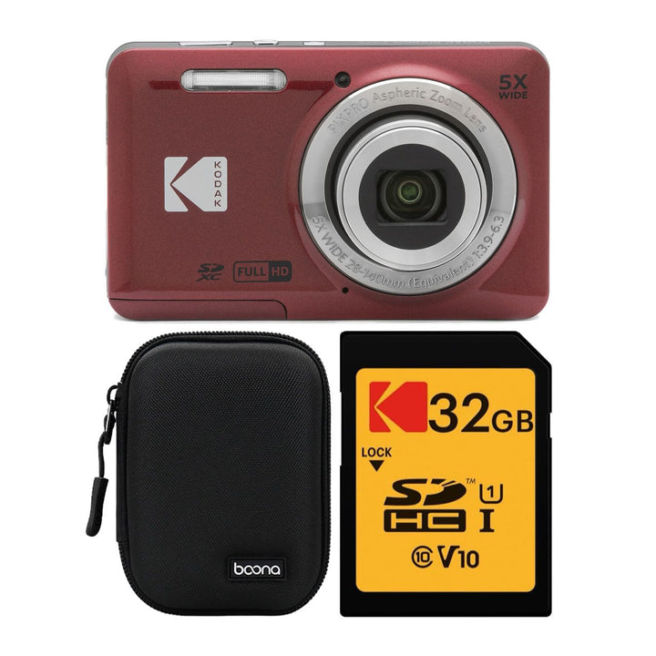 KODAK PIXPRO FZ55 Digital Camera, Red, Black Carry Case, 32GB SD Card Bundle
