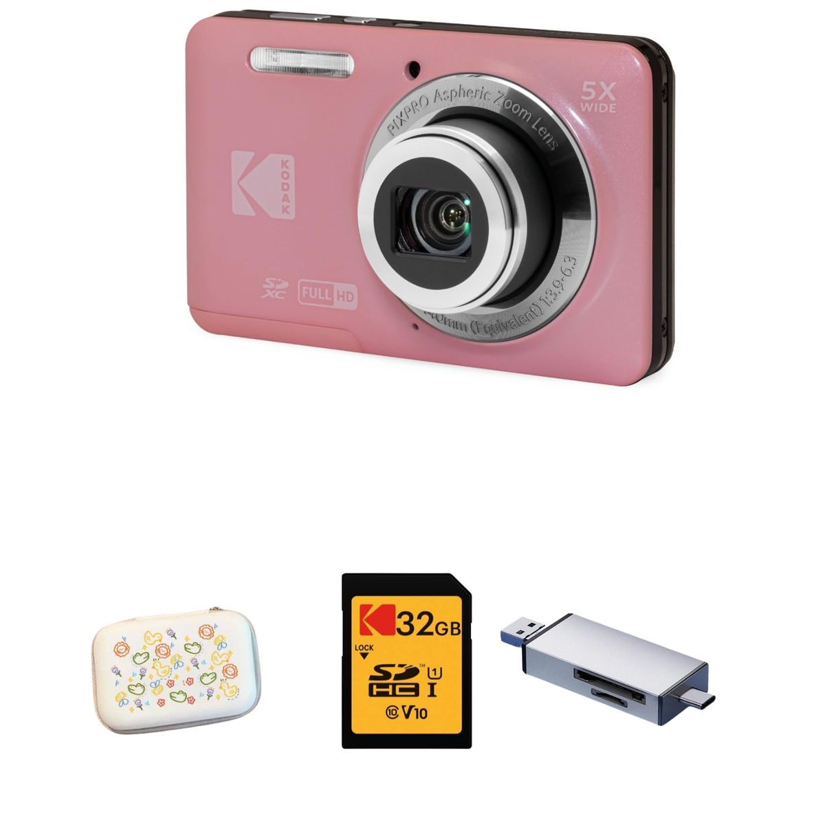 KODAK PIXPRO FZ55 Digital Camera, Pink, Speckled White Carry Case, 32GB SD Card, Silver Card Reader, Close-Up Style Bundle — image 1