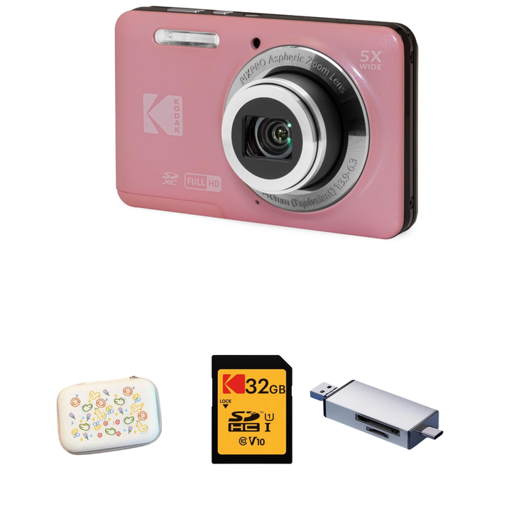 KODAK PIXPRO FZ55 Digital Camera, Pink, Speckled White Carry Case, 32GB SD Card, Silver Card Reader, Close-Up Style Bundle