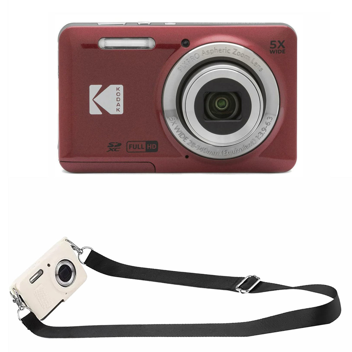 KODAK PIXPRO FZ55 Digital Camera, Red, White Strap Silicone Case Bundle — image 1