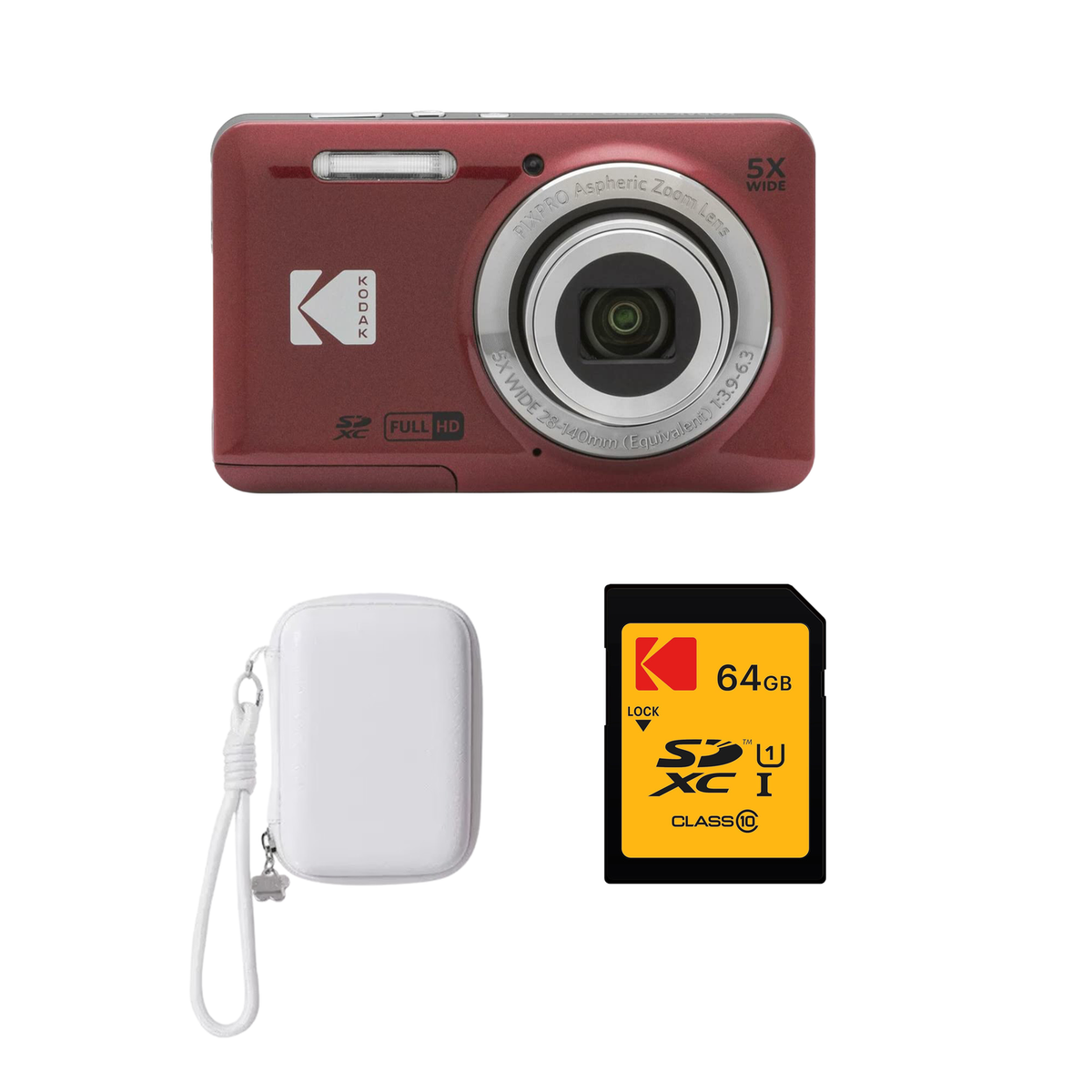 KODAK PIXPRO FZ55 Digital Camera, Red, Ivory Strap Carry Case, 64GB SD Card Bundle - image 1