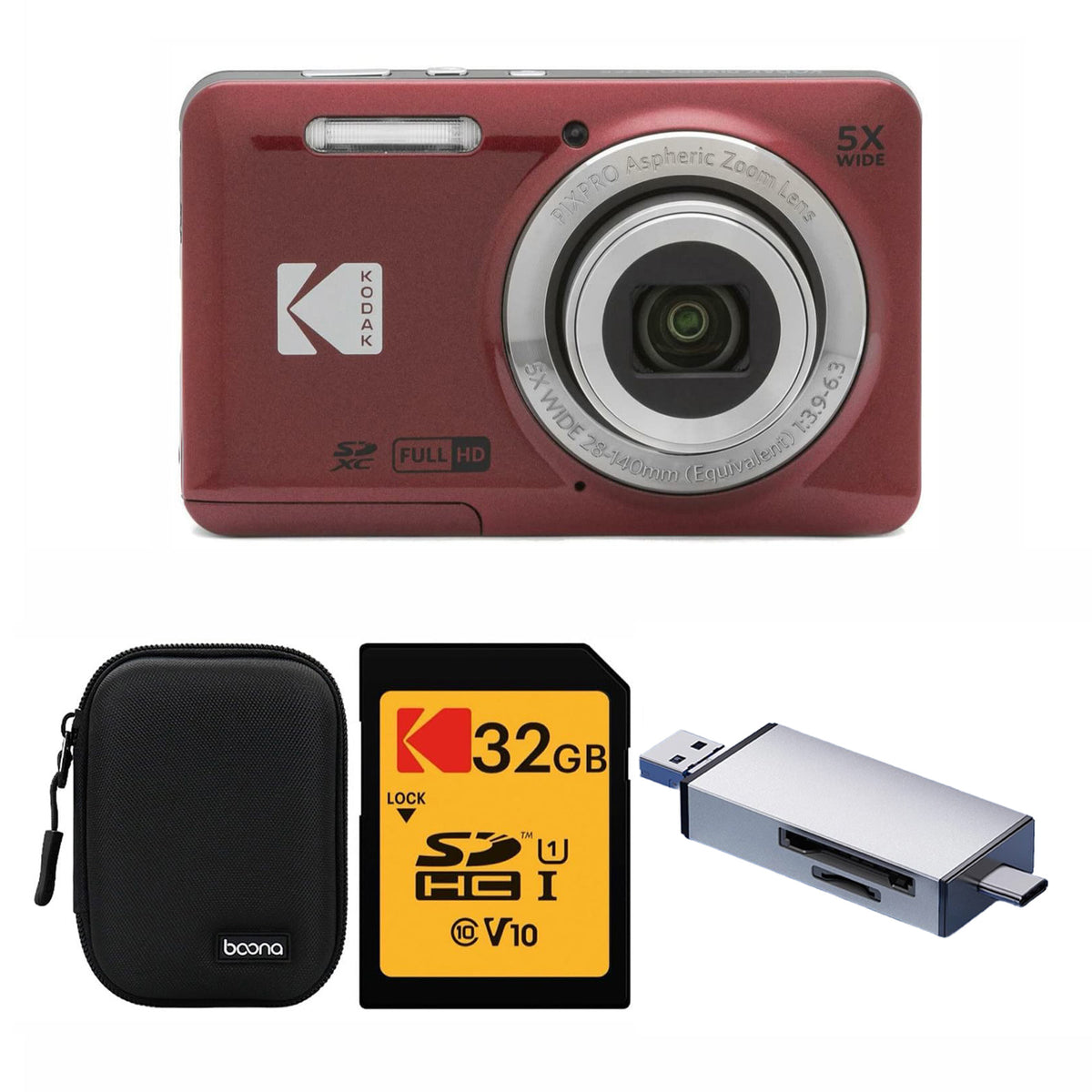 KODAK PIXPRO FZ55 Digital Camera, Red, Black Carry Case, 32GB SD Card, Silver Card Reader, Solid Style Bundle — image 1