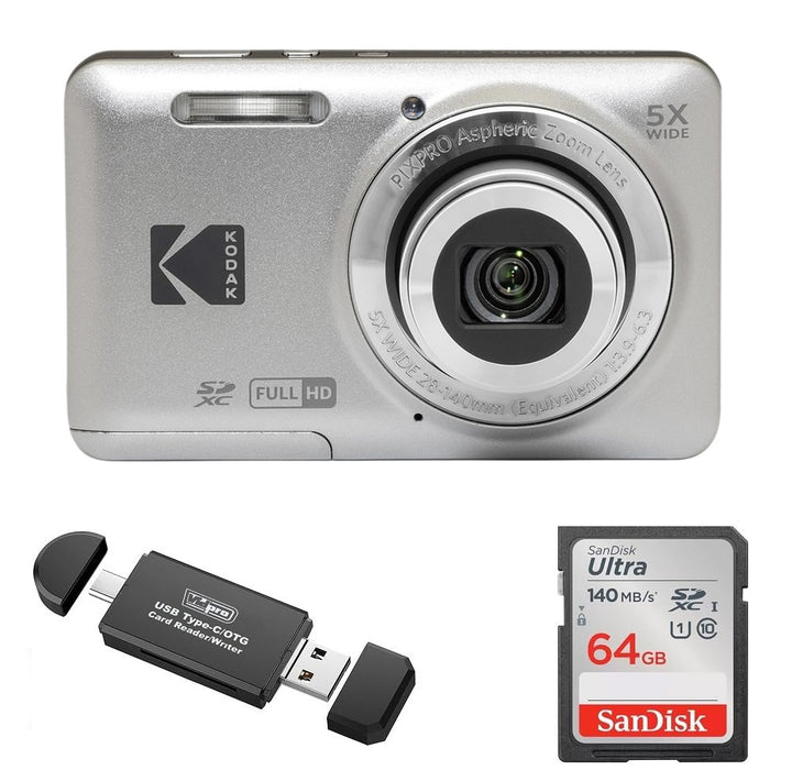 KODAK PIXPRO FZ55 Digital Camera, Silver, 64GB SD Card, Black Card Reader Bundle