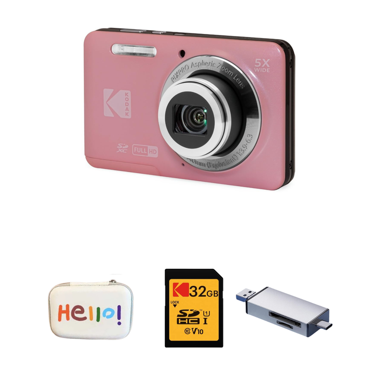 KODAK PIXPRO FZ55 Digital Camera, Pink, Hello White Carry Case, 32GB SD Card, Silver Card Reader Bundle