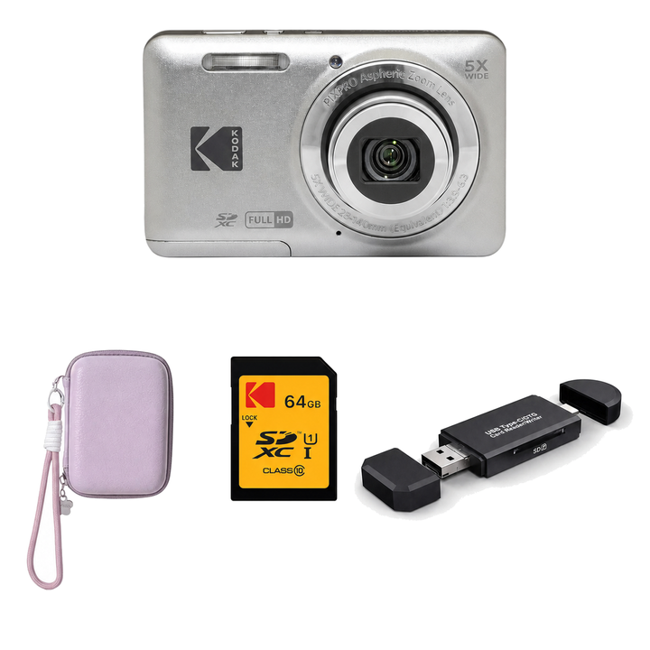 KODAK PIXPRO FZ55 Digital Camera, Silver, Lilac Strap Carry Case, 64GB SD Card, 3-in-1 Card Reader Bundle - image 1