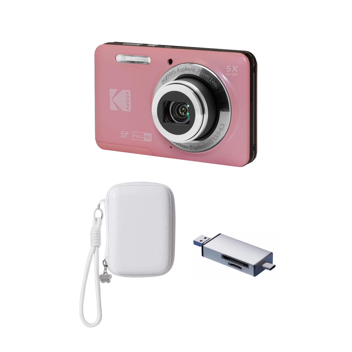 KODAK PIXPRO FZ55 Digital Camera, Pink, Ivory Strap Carry Case, Silver Card Reader Bundle - image 1