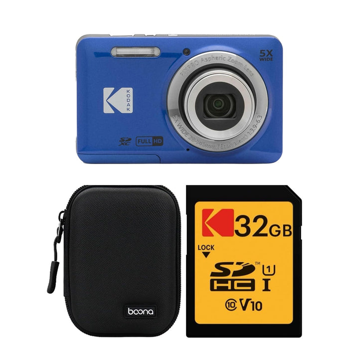 KODAK PIXPRO FZ55 Digital Camera, Blue, Black Carry Case, 32GB SD Card, Close-Up Style Bundle